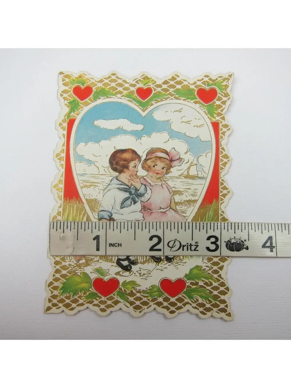Valentine Card Boy Girl At Beach Sail Boat Gold Embossed Die cut Bifold Antique